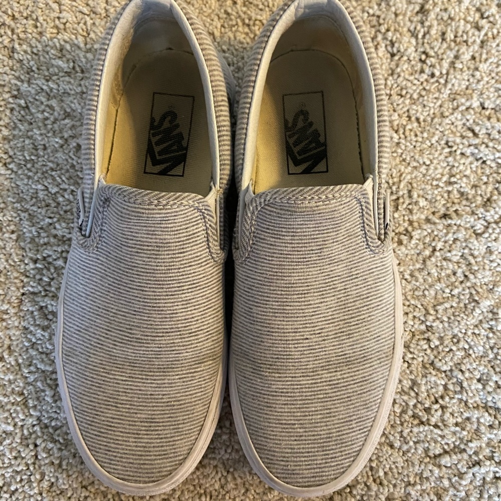 Grey and white striped women’s slip on vans SIZE 7